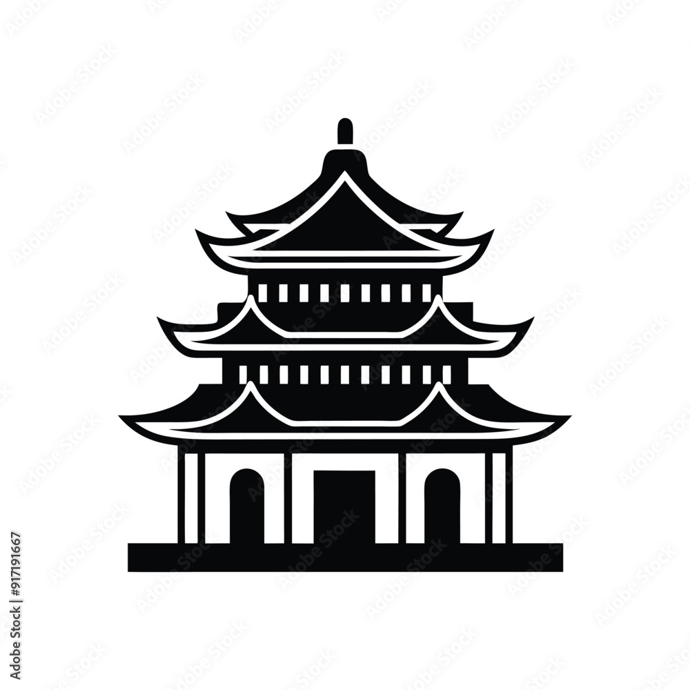 Chinese house black silhouette on white background, Chinese national building pagoda. Vector drawing Isolated on a white background. Silhouette Chinese architecture stock illustration Chinese house black silhouette on white background, Chinese national building pagoda. Vector drawing Isolated on a white background. Silhouette Chinese architecture stock illustration