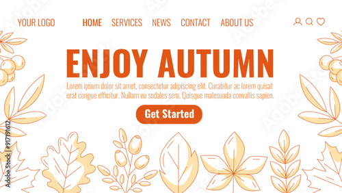 Enjoy autumn, landing page vector template. Minimalist monochrome orange seasonal fall leaves of oak, aspen, maple, chestnut leaf, rosehip and rowan branch. For website, web, online, banner.