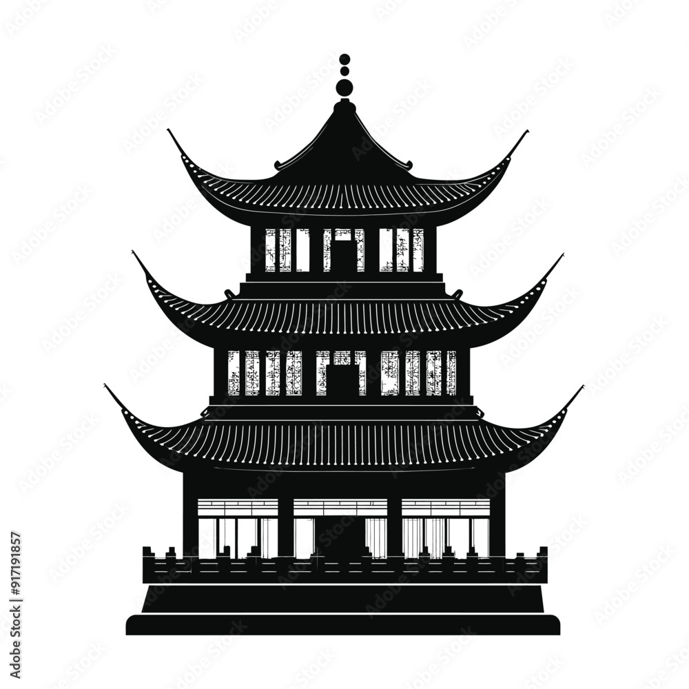 Chinese house black silhouette on white background, Chinese national building pagoda. Vector drawing Isolated on a white background. Silhouette Chinese architecture stock illustration Chinese house black silhouette on white background, Chinese national building pagoda. Vector drawing Isolated on a white background. Silhouette Chinese architecture stock illustration