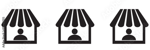 Sales booth icon set. show event ticket window counter vector symbol in black filled and outlined style. information window sign. promo stall icons