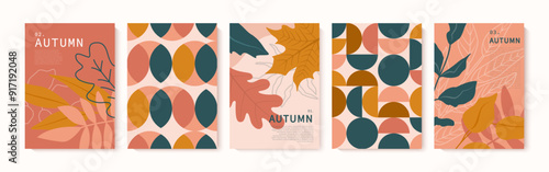 Set of Autumn cards with fall leaves and geometric shapes. Modern autumn poster in warm colors with grainy texture. Autumn background, web banner or flyer design. Template for advertising, printing, p