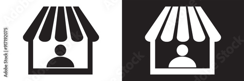 Sales booth icon set. show event ticket window counter vector symbol in black filled and outlined style. information window sign. promo stall icons