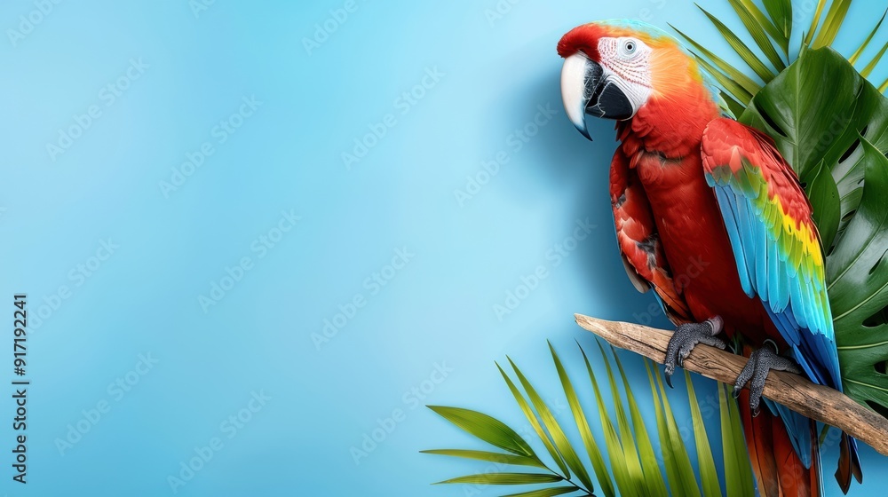 Obraz premium Vibrant scarlet macaw perched on branch with tropical leaves against blue background, showcasing colorful feathers and exotic beauty.