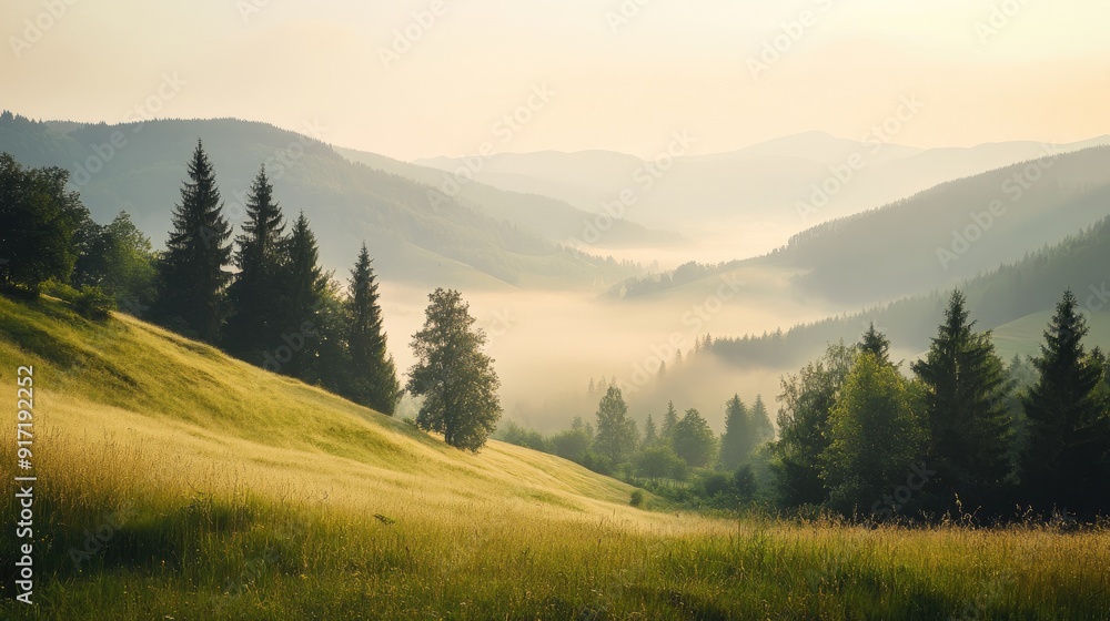 Obraz premium A tranquil view of the hazy Carpathian mountains, capturing the soft beauty and peaceful atmosphere of this natural landscape.