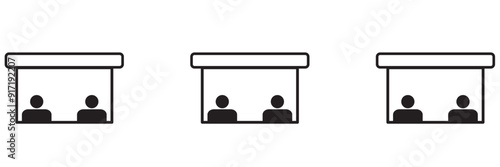 Sales booth icon set. show event ticket window counter vector symbol in black filled and outlined style. information window sign. promo stall icons