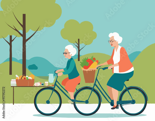 Grandma on bicycle goes to picnic. Active Longevity. Healthy old age. Happy senility 

