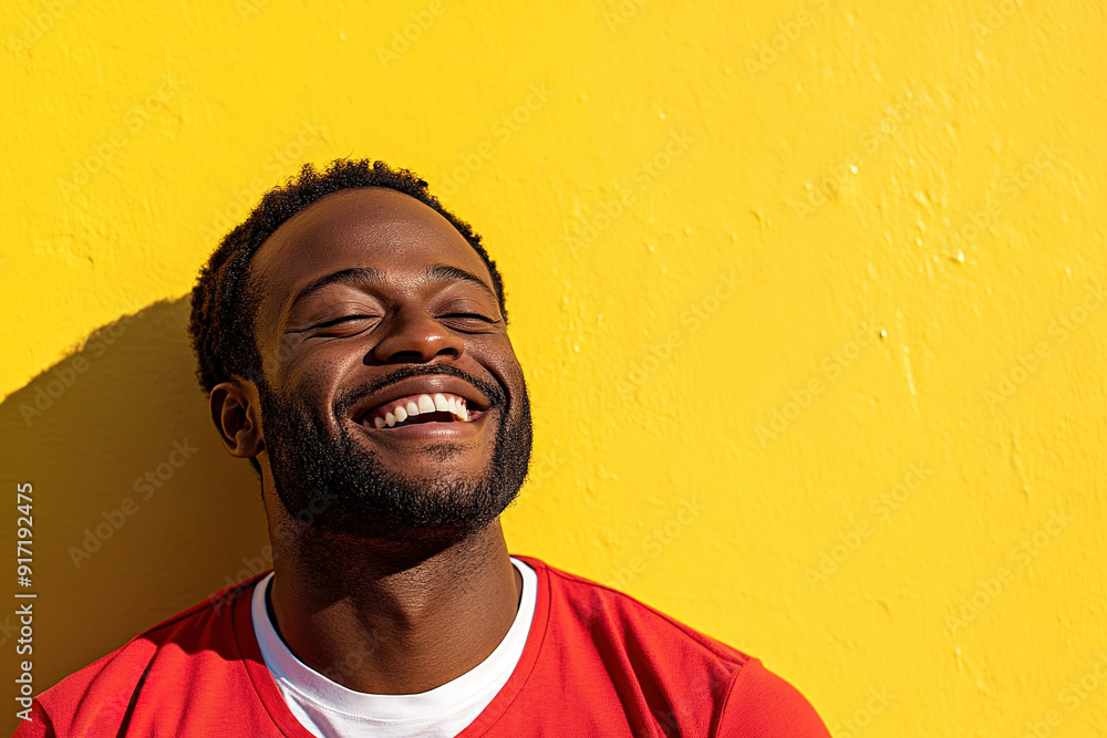 Professional Close-Up of a Black Man Smiling and Laughing in Red Shirt and White T-Shirt, Sunlight Enhancing His Joyful Expression Against Yellow Wall Professional Close-Up of a Black Man Smiling and Laughing in Red Shirt and White T-Shirt, Sunlight Enhancing His Joyful Expression Against Yellow Wall