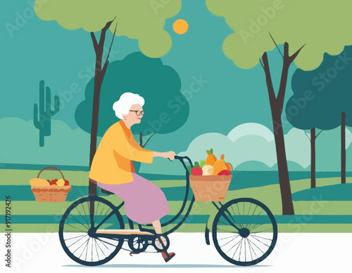 Grandma on bicycle goes to picnic. Active Longevity. Healthy old age. Happy senility 
