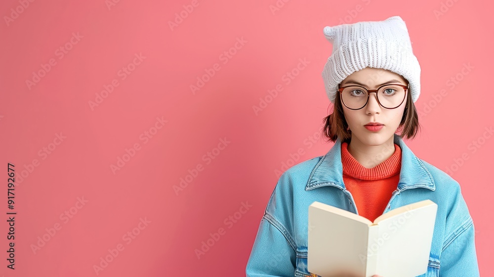 Young woman in glasses and a beanie, wearing a denim jacket, reading a book against a pink background. Casual and stylish portrait.