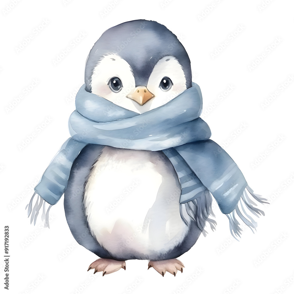 Obraz premium Adorable Watercolor of Cozy Baby Penguin in Winter Scarf