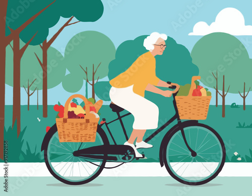 Grandma on bicycle goes to picnic. Active Longevity. Healthy old age. Happy senility 
