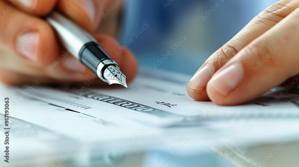 Person signing a check with a fountain pen Person signing a check with a fountain pen