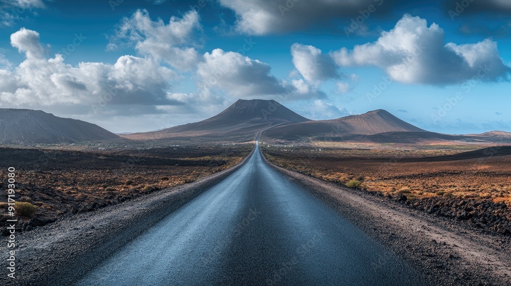 An unexplored road winding through the rugged landscape of Lanzarote Natural Park, capturing the essence of adventure and journey to a scenic destination. An unexplored road winding through the rugged landscape of Lanzarote Natural Park, capturing the essence of adventure and journey to a scenic destination.
