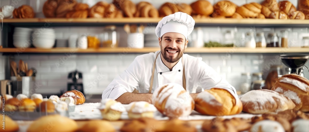 Smiling baker in chef's hat showcasing freshly baked bread in a bakery filled with a variety of bread and pastries. Smiling baker in chef's hat showcasing freshly baked bread in a bakery filled with a variety of bread and pastries.
