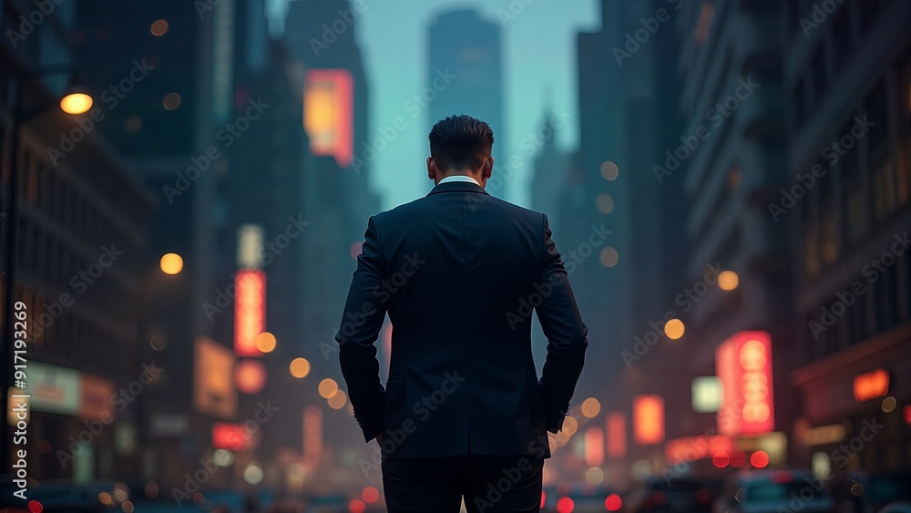 Man in Suit Contemplating City Lights at Night, A solitary man in a suit stands amidst the vibrant cityscape, gazing towards the illuminated skyscrapers. Man in Suit Contemplating City Lights at Night, A solitary man in a suit stands amidst the vibrant cityscape, gazing towards the illuminated skyscrapers.