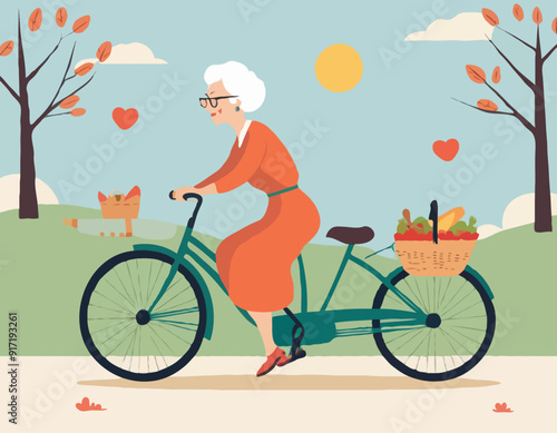 Grandma on bicycle goes to picnic. Active Longevity. Healthy old age. Happy senility 
