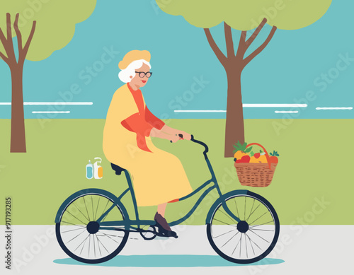 Grandma on bicycle goes to picnic. Active Longevity. Healthy old age. Happy senility 
