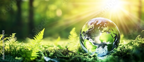 Transparent globe on lush green foliage, sunlight filtering through, symbolizing environmental awareness