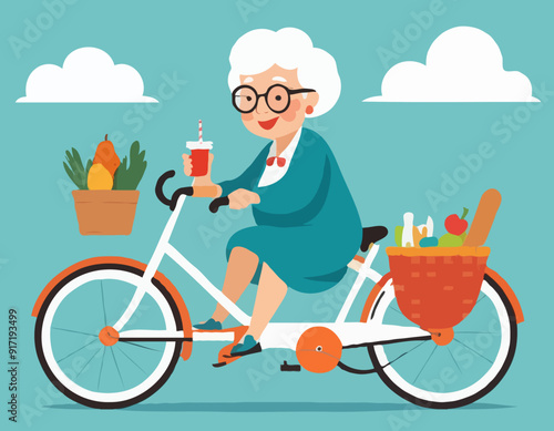 Grandma on bicycle goes to picnic. Active Longevity. Healthy old age. Happy senility 
