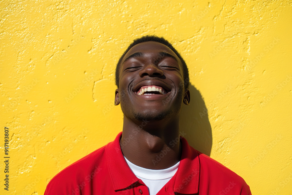 Professional Close-Up of a Black Man Smiling and Laughing in Red Shirt and White T-Shirt, Sunlight Enhancing His Joyful Expression Against Yellow Wall Professional Close-Up of a Black Man Smiling and Laughing in Red Shirt and White T-Shirt, Sunlight Enhancing His Joyful Expression Against Yellow Wall