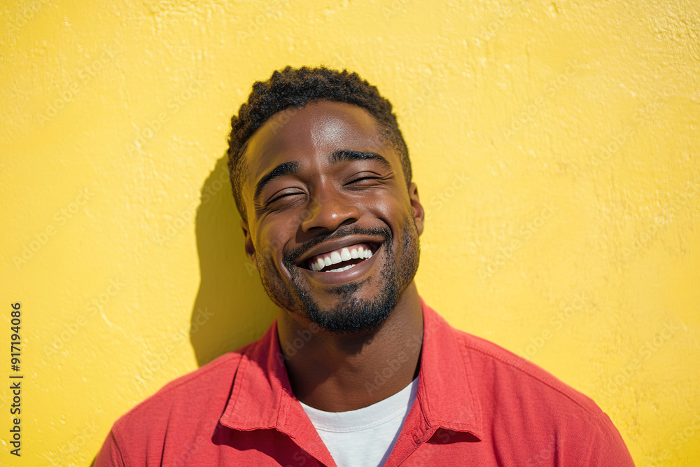 Professional Close-Up of a Black Man Smiling and Laughing in Red Shirt and White T-Shirt, Sunlight Enhancing His Joyful Expression Against Yellow Wall Professional Close-Up of a Black Man Smiling and Laughing in Red Shirt and White T-Shirt, Sunlight Enhancing His Joyful Expression Against Yellow Wall