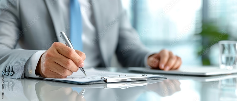 Businessman in suit writing on paper while working at desk in modern office setting. Professional work environment and corporate attire. Businessman in suit writing on paper while working at desk in modern office setting. Professional work environment and corporate attire.