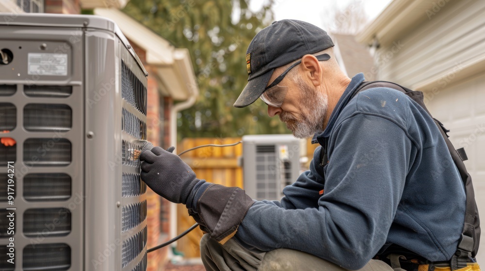 Repairman fixing broken HVAC unit in home Repairman fixing broken HVAC unit in home