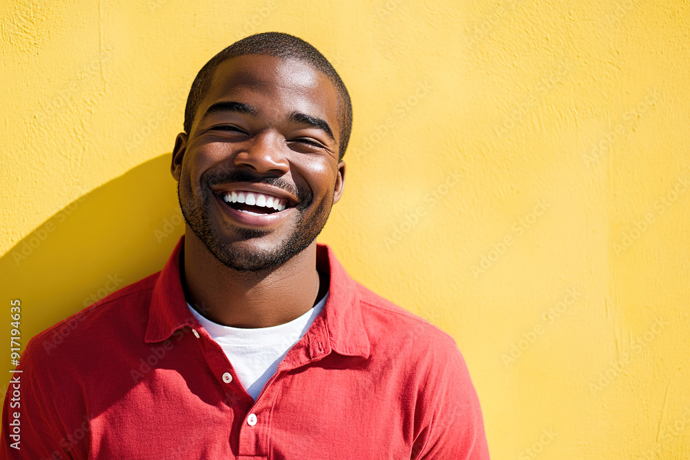 Sunlit Headshot of a Black Man in Red and White, Laughing Heartily with a Clean Focus and Professional Color Grading, Against a Yellow Wall Sunlit Headshot of a Black Man in Red and White, Laughing Heartily with a Clean Focus and Professional Color Grading, Against a Yellow Wall