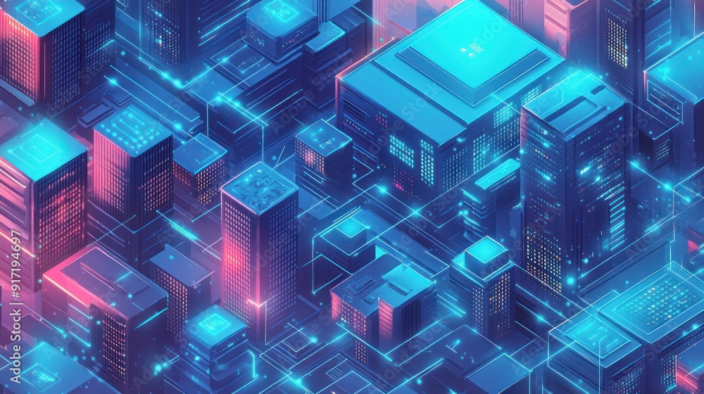 Digital Cityscape - Neon Lights and Connected Towers Digital Cityscape - Neon Lights and Connected Towers