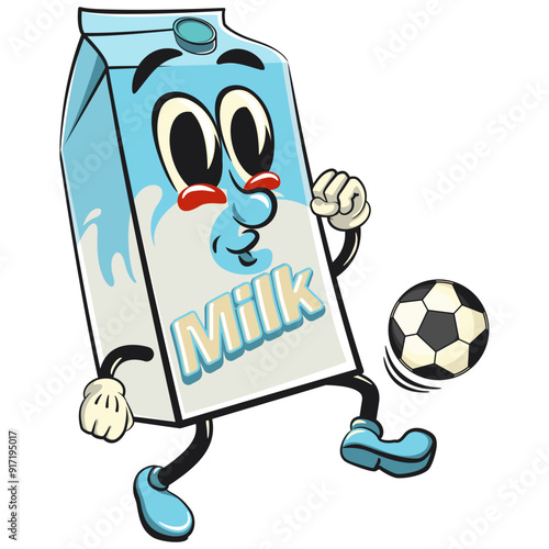 character of a cute milk box cartoon vector isolated clip art mascot illustration playing football soccer, work of hand drawn
