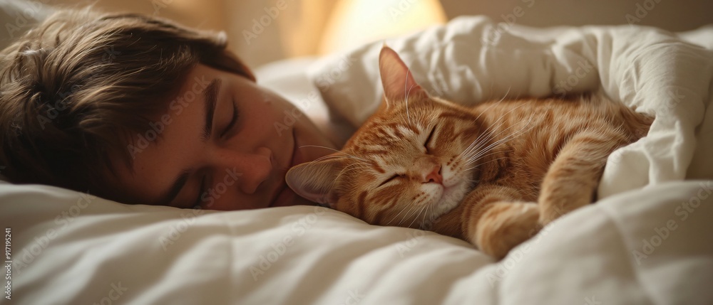 Tranquil Bedtime Moments Cat and Owner Sleeping Peacefully Together in Cozy Bed Tranquil Bedtime Moments Cat and Owner Sleeping Peacefully Together in Cozy Bed