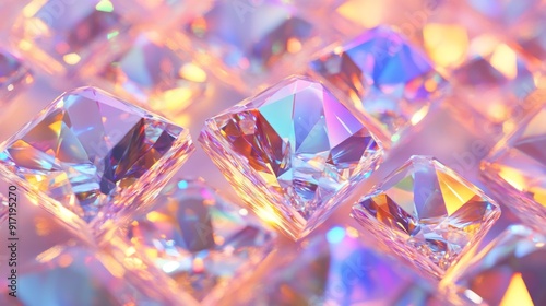 Close-up of crystal-clear diamonds with colorful reflections creating a luxurious and vibrant pattern