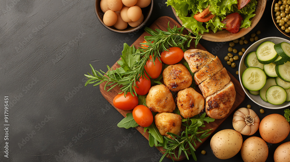 Fresh vegetables, chicken, and eggs arranged beautifully on a wooden board, ready for a nutritious meal preparation Fresh vegetables, chicken, and eggs arranged beautifully on a wooden board, ready for a nutritious meal preparation