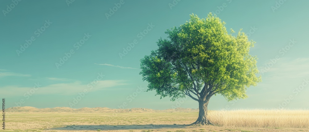 Climate Change and Global Warming: A Tree Divided Between Barren Dry Land and Vibrant Nature Under a Blue Sky Climate Change and Global Warming: A Tree Divided Between Barren Dry Land and Vibrant Nature Under a Blue Sky