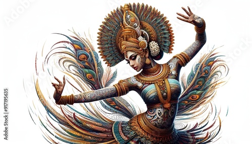Sri Lankan Dance Art: Woman Dancer in Vibrant Peacock Colors - Traditional Dress