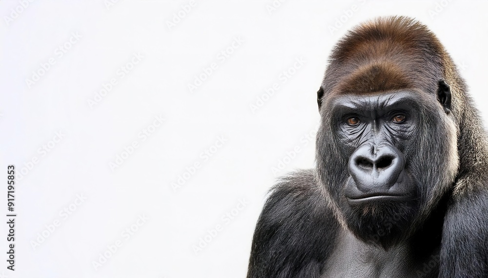Obraz premium Gorillas are herbivorous, predominantly ground dwelling great apes that inhabit the tropical forests of Africa. Isolated on white background. They live in troops, with the leader called a silverback