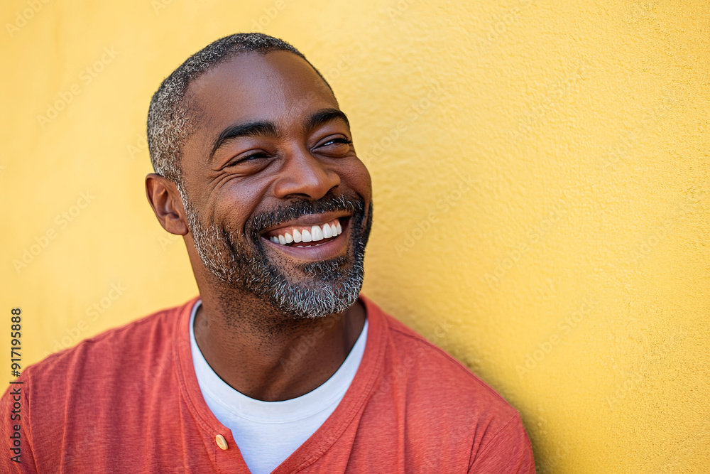 Sunlit Headshot of a Black Man in Red and White, Laughing Heartily with a Clean Focus and Professional Color Grading, Against a Yellow Wall Sunlit Headshot of a Black Man in Red and White, Laughing Heartily with a Clean Focus and Professional Color Grading, Against a Yellow Wall