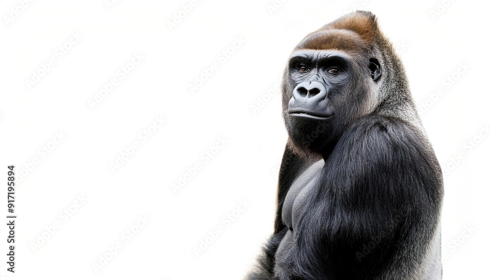 Fototapeta premium Gorillas are herbivorous, predominantly ground dwelling great apes that inhabit the tropical forests of Africa. Isolated on white background. They live in troops, with the leader called a silverback