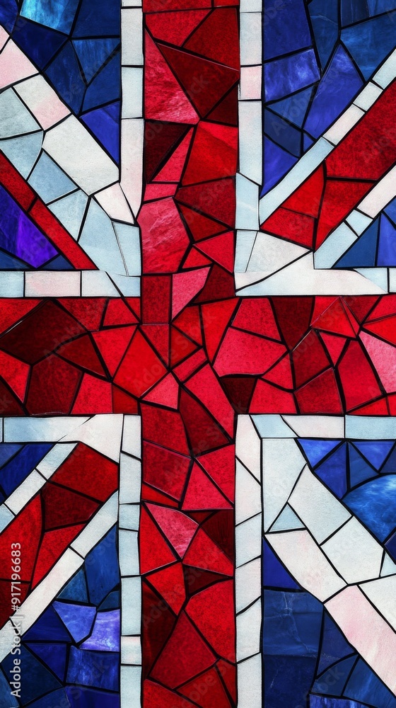 Fototapeta premium Patriotic Mosaic: A Colorful British Flag-Inspired Geometric Pattern in Vibrant Red, White, and Blue, Reflecting the Union Jack's Distinctive Palette