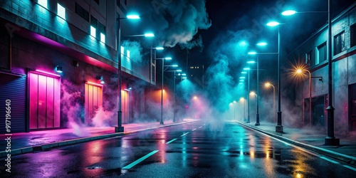 Dark street, asphalt abstract dark blue background, empty dark scene, neon light, spotlights The concrete floor and studio room with smoke float up the interior texture for display products