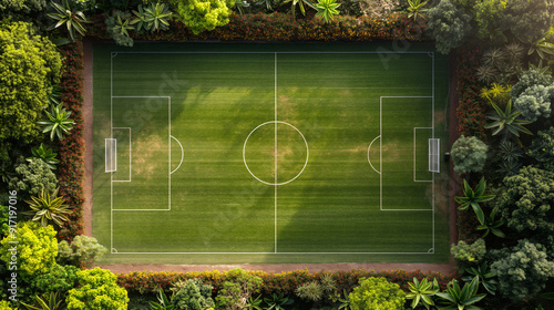 A well-maintained soccer field lies encircled by diverse greenery, showcasing a lively atmosphere in a bright daylight setting
