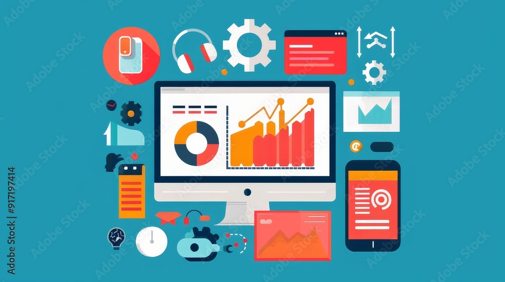This illustration depicts the concept of data-driven marketing, showcasing key elements like analytics, website traffic, SEO, social media, and email marketing. This illustration depicts the concept of data-driven marketing, showcasing key elements like analytics, website traffic, SEO, social media, and email marketing.