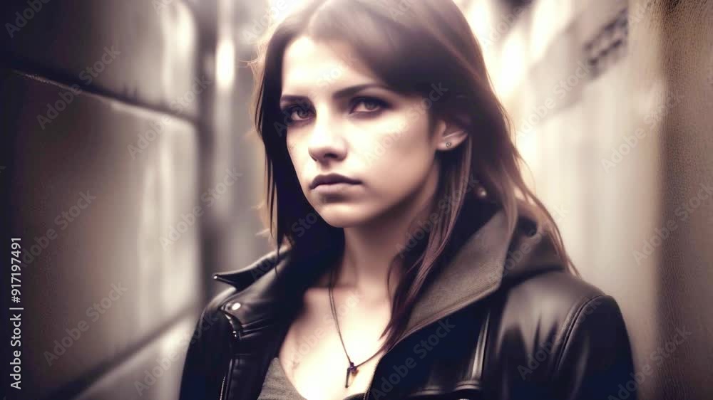 Serious young woman in leather jacket walking through urban alleyway, deep in thought, intense expression, moody atmosphere, city street scene, dramatic lighting, urban lifestyle portrait Serious young woman in leather jacket walking through urban alleyway, deep in thought, intense expression, moody atmosphere, city street scene, dramatic lighting, urban lifestyle portrait