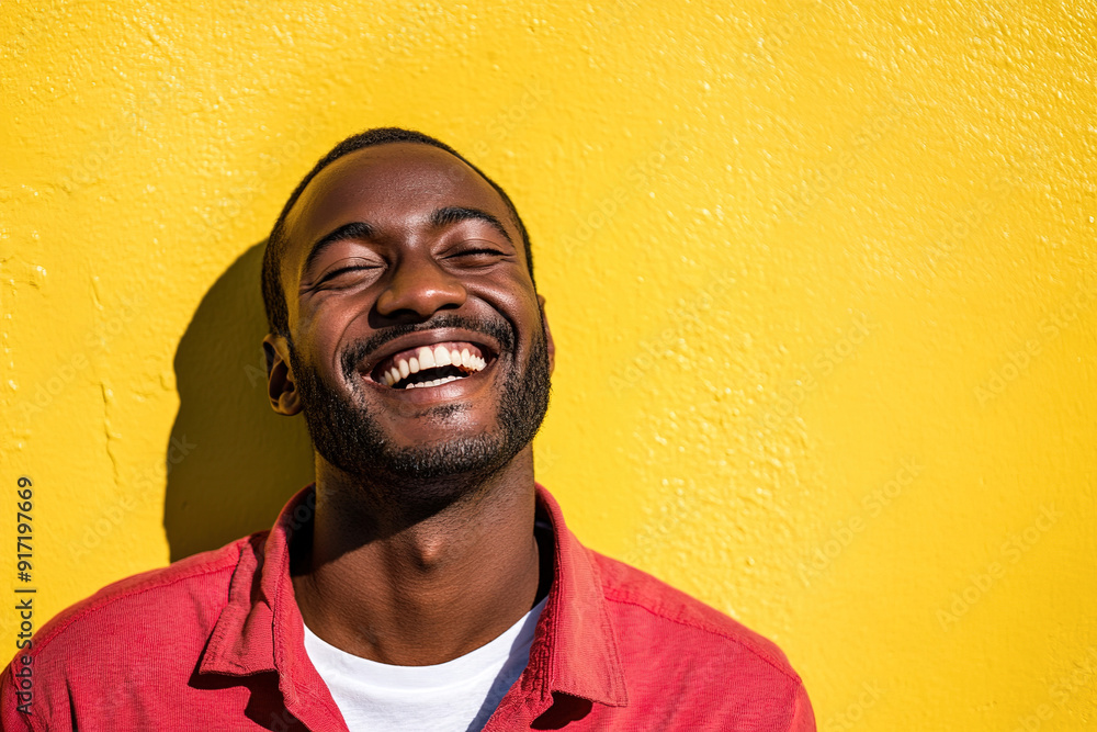 Bright and Cheerful Headshot of a Black Man Wearing a Red Shirt and White T-Shirt, Smiling on a Sunny Day with a Yellow Wall Behind Bright and Cheerful Headshot of a Black Man Wearing a Red Shirt and White T-Shirt, Smiling on a Sunny Day with a Yellow Wall Behind