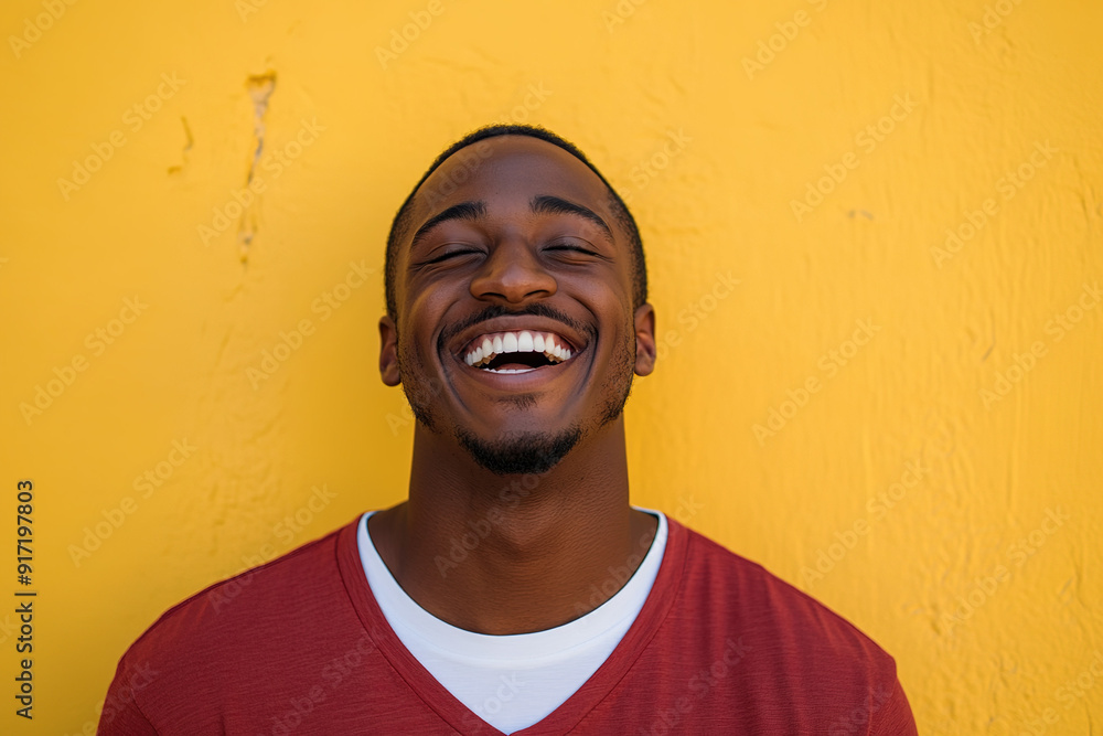 Bright and Cheerful Headshot of a Black Man Wearing a Red Shirt and White T-Shirt, Smiling on a Sunny Day with a Yellow Wall Behind Bright and Cheerful Headshot of a Black Man Wearing a Red Shirt and White T-Shirt, Smiling on a Sunny Day with a Yellow Wall Behind