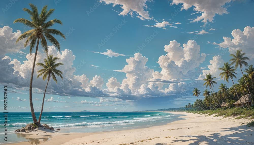 Idyllic beach scene, with palm trees swaying in the wind Idyllic beach scene, with palm trees swaying in the wind