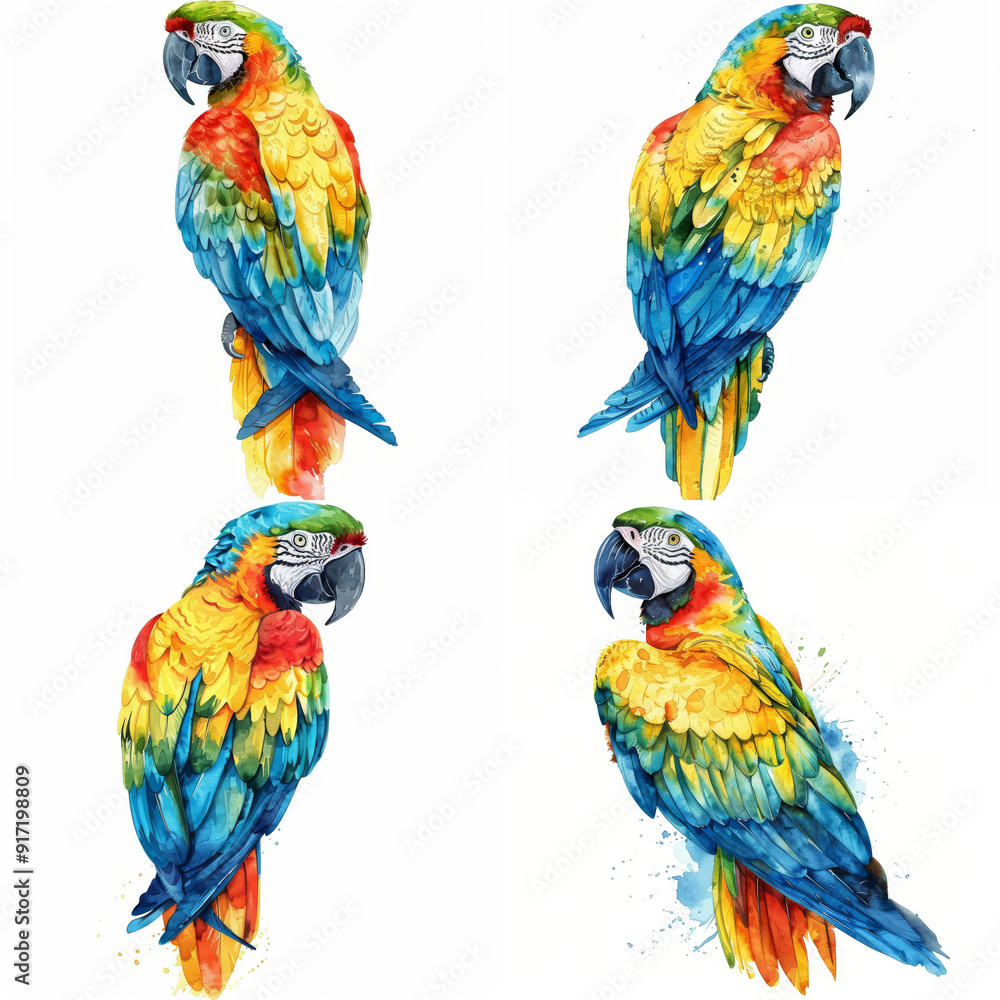 Watercolor parrot standing on a tree branch on white background Watercolor parrot standing on a tree branch on white background