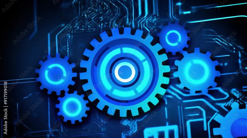 Futuristic blue gears on a circuit board background representing technology and innovation in engineering. Futuristic blue gears on a circuit board background representing technology and innovation in engineering.