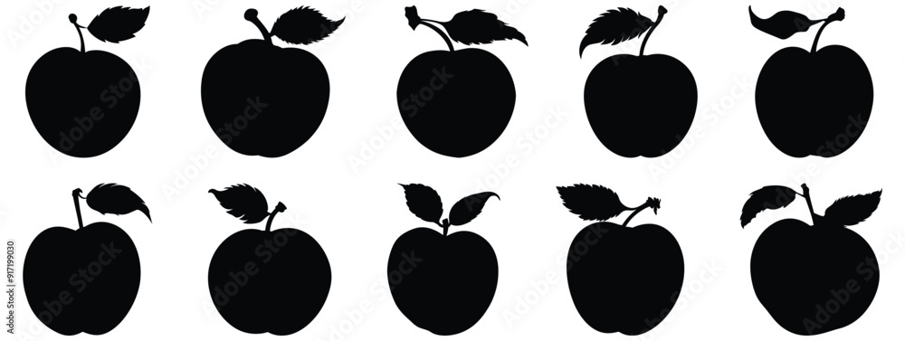 Apple silhouettes set, fruit pack of vector silhouette design, isolated background Apple silhouettes set, fruit pack of vector silhouette design, isolated background