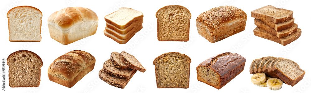 Collection of 4 bread bun loaf slice set. White, wholewheat, Multigrain, Banana on transparent background cutout, PNG file. Mockup template for artwork design Collection of 4 bread bun loaf slice set. White, wholewheat, Multigrain, Banana on transparent background cutout, PNG file. Mockup template for artwork design